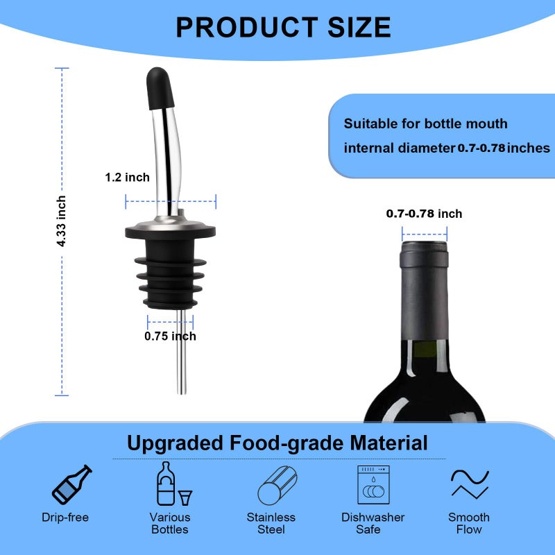 BALTRE 2PCS Stainless Steel Pourers, Speed Liquor Bottle Pourer, Olive Oil and Vinegar Tapered Stopper Spout, Suitable for About 3/4" Bottle Mouth, Olive Oil Spout with Sealed Dust Caps - Image 2